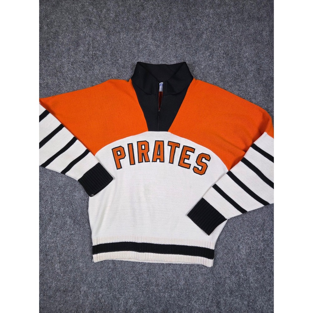 Vintage Kandel Sweater Womens Medium Orange White Pirates 1/4 Zip Knit Striped